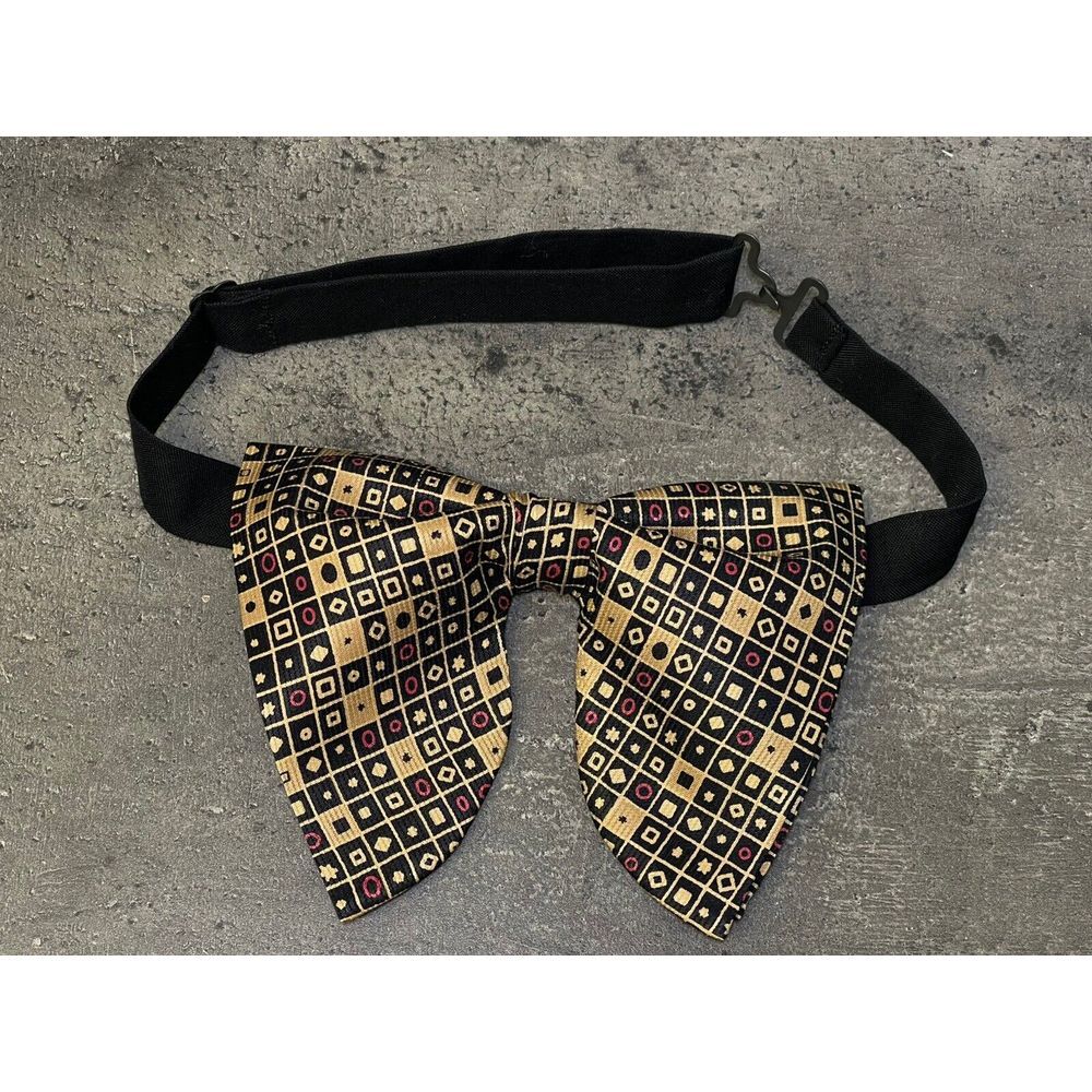 Handmade Oversized Silk Bow tie Vintage style 70`s Geometric Black/Brown Wedding